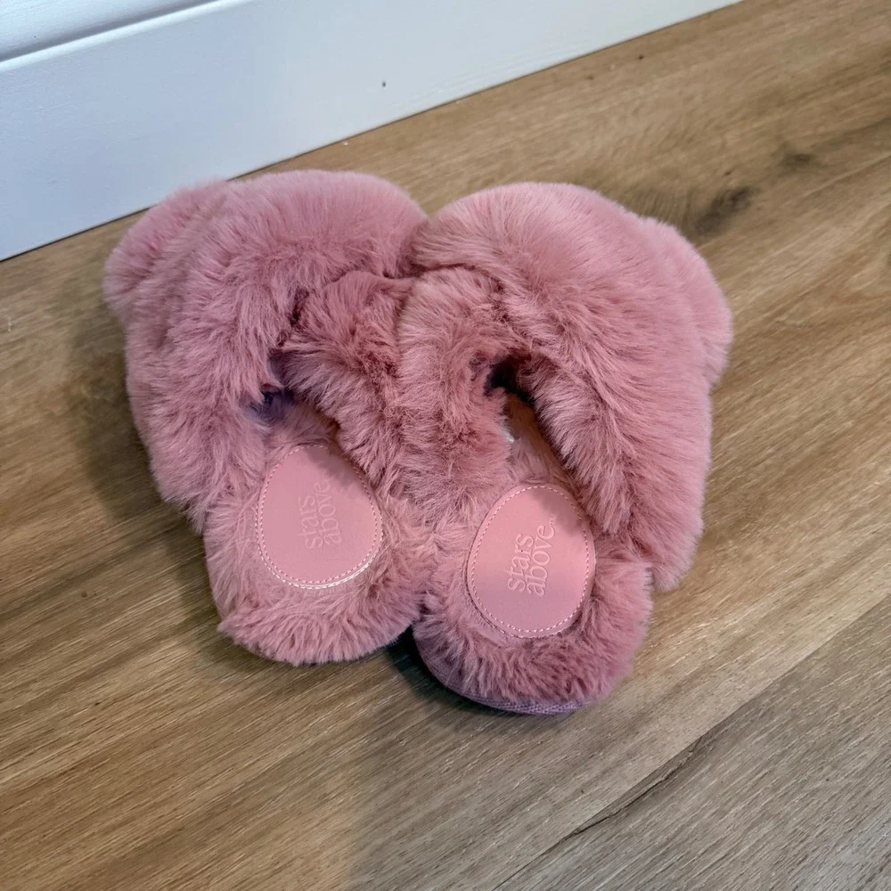 Stars Above Slippers Kids S 5/6 Pink Faux Fur Crisscross Open Toe Slide Shoes
